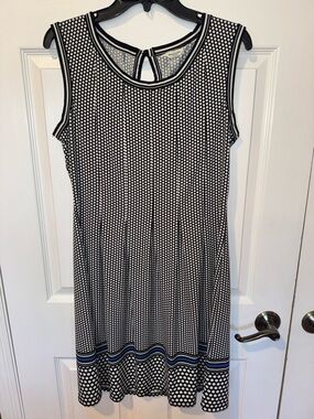 Max Studio Black and White Polka Dot Midi Dress with Blue Trim